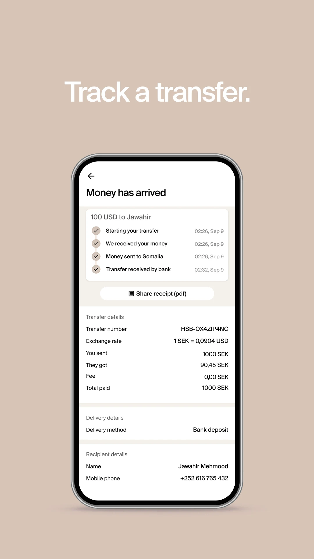 Transfer Galaxy tracking screen — Money has arrived with full receipt