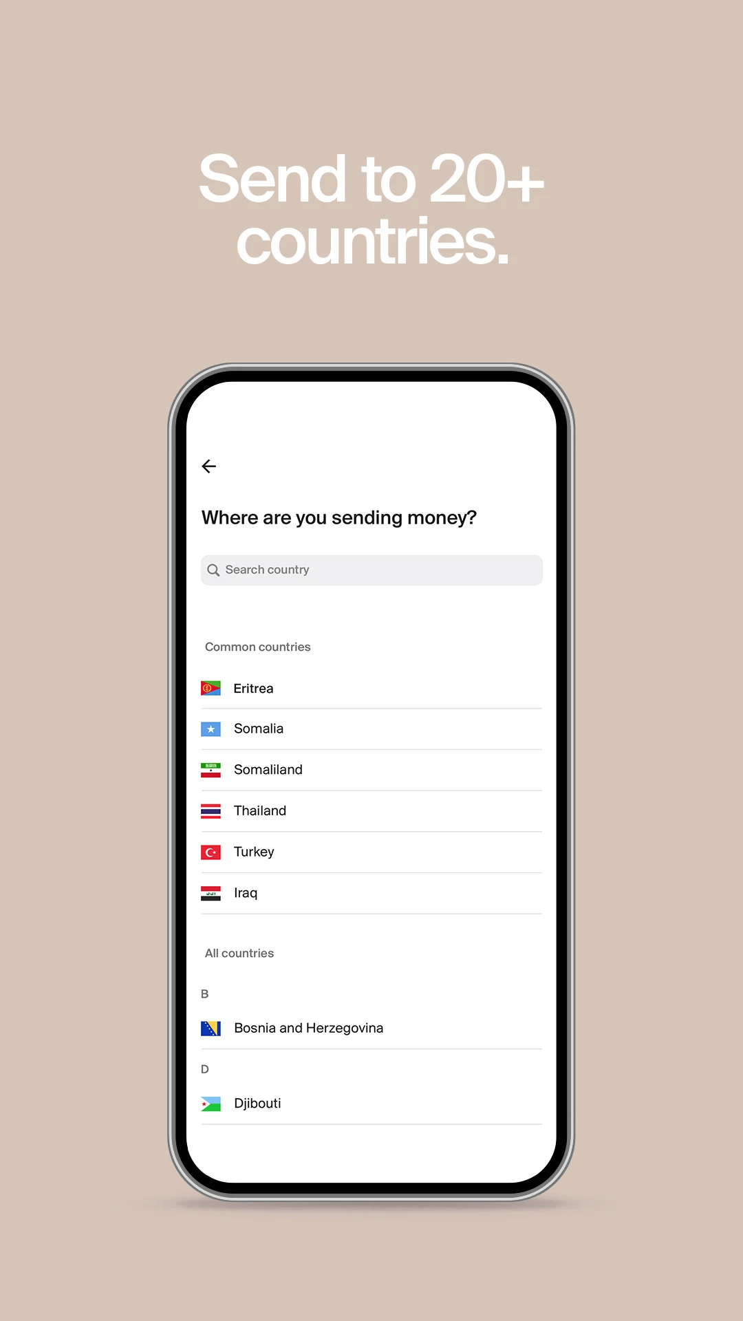 Transfer Galaxy mobile screen — Send to 20+ countries