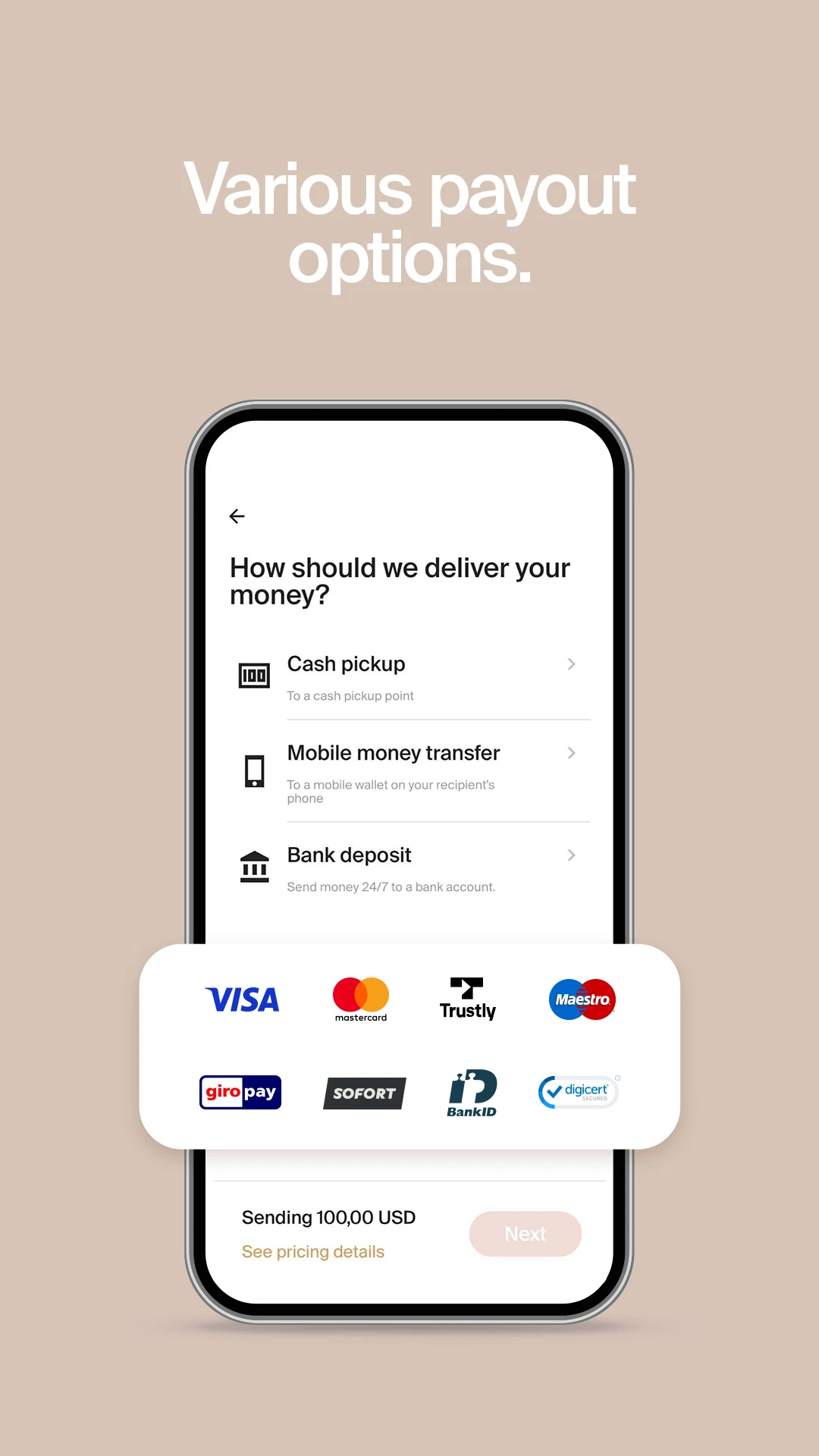 Transfer Galaxy payout options — cash pickup, mobile money, bank deposit