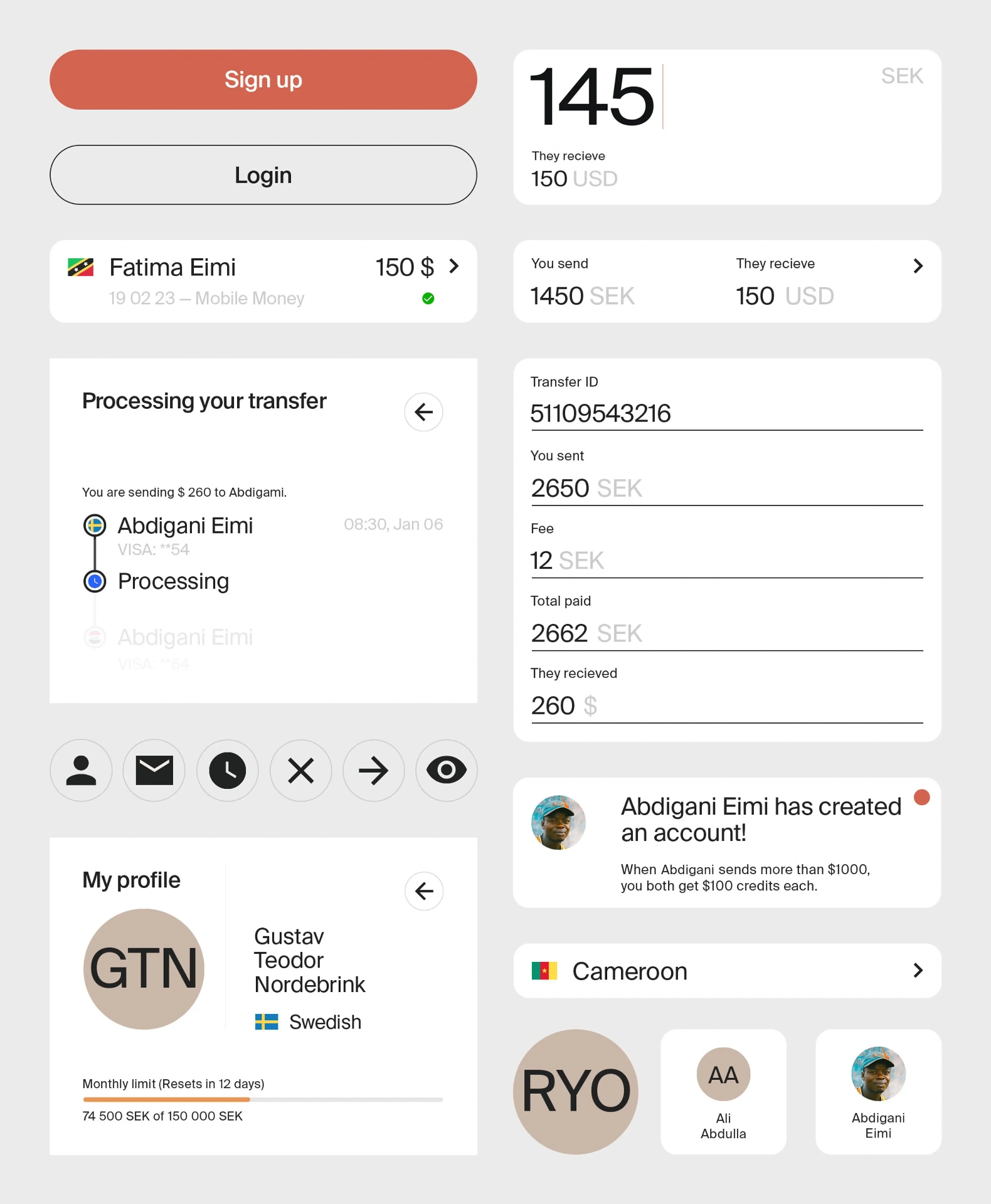 Transfer Galaxy interface system — buttons, cards, profile, transfer states