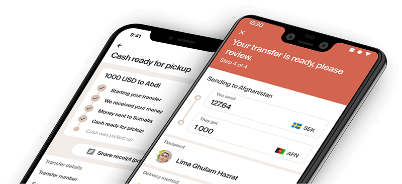 Transfer Galaxy on two phones showing cash pickup status and Afghanistan review