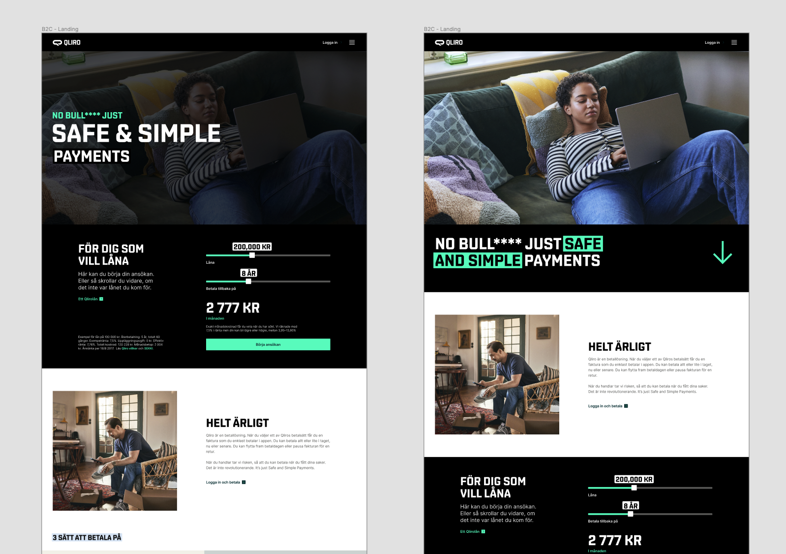 Side-by-side Qliro desktop landing page mockups, before-and-after style